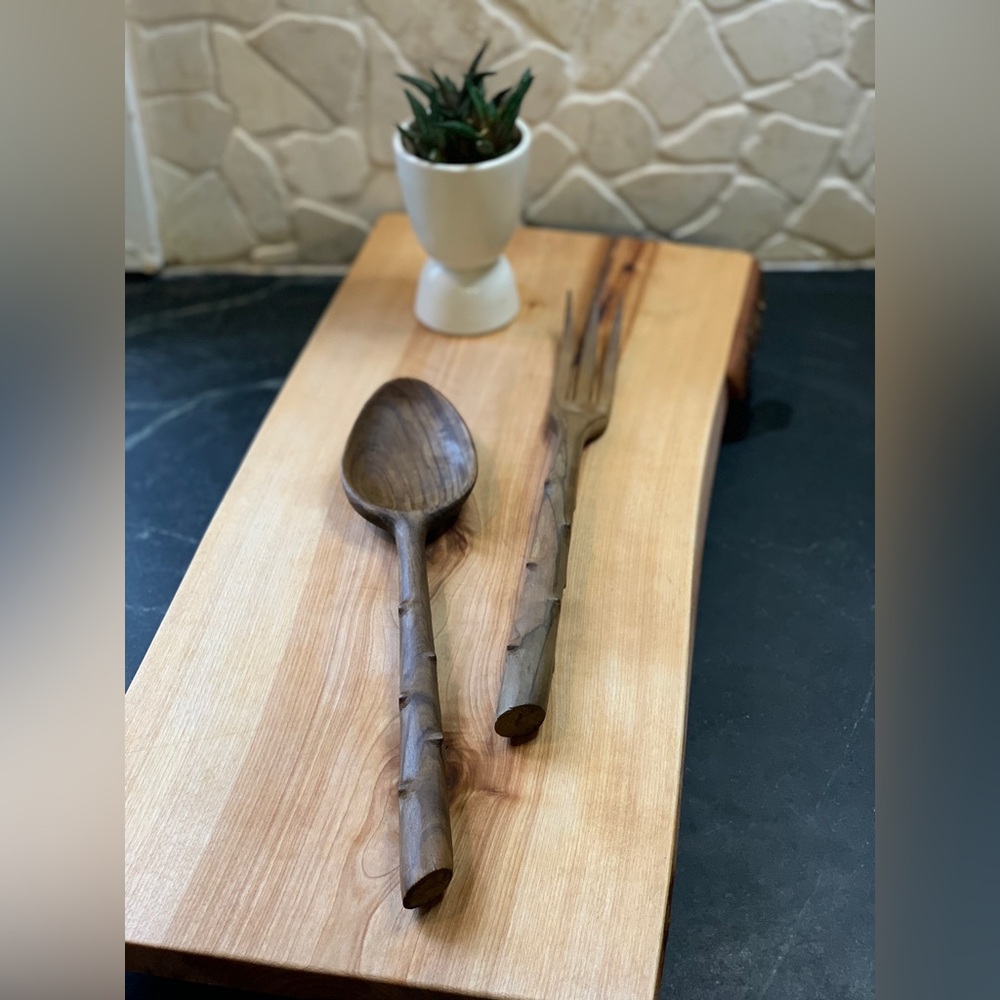 WOODCROFTERY | Set of Carved Twig Like Salad Servers | Spoon and Fork